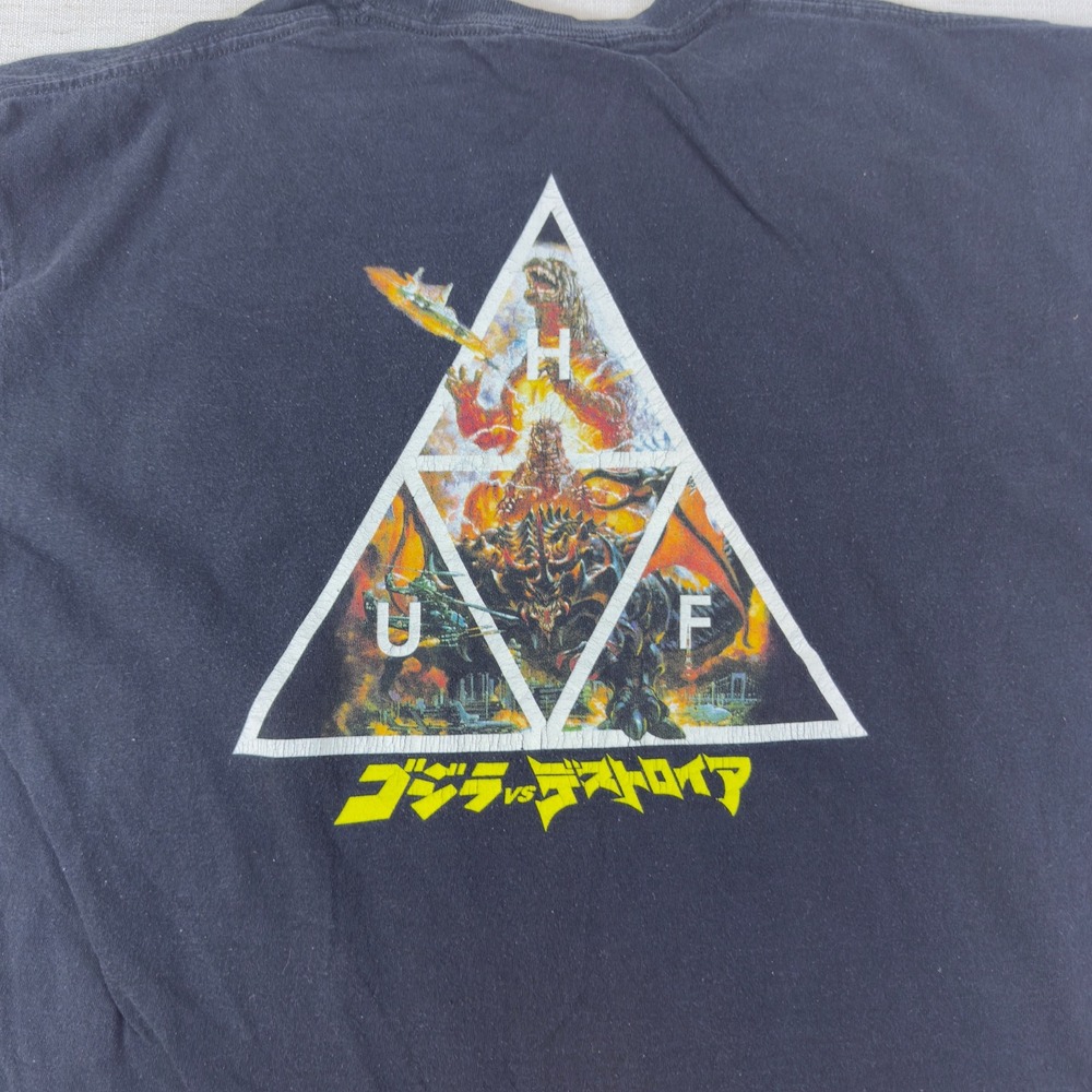 HUF vs Godzilla T-Shirt Mens XL Black Short Sleeve Triple Triangle Graphic Tee